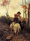Sheep Canvas Paintings - Children With Sheep On A Path